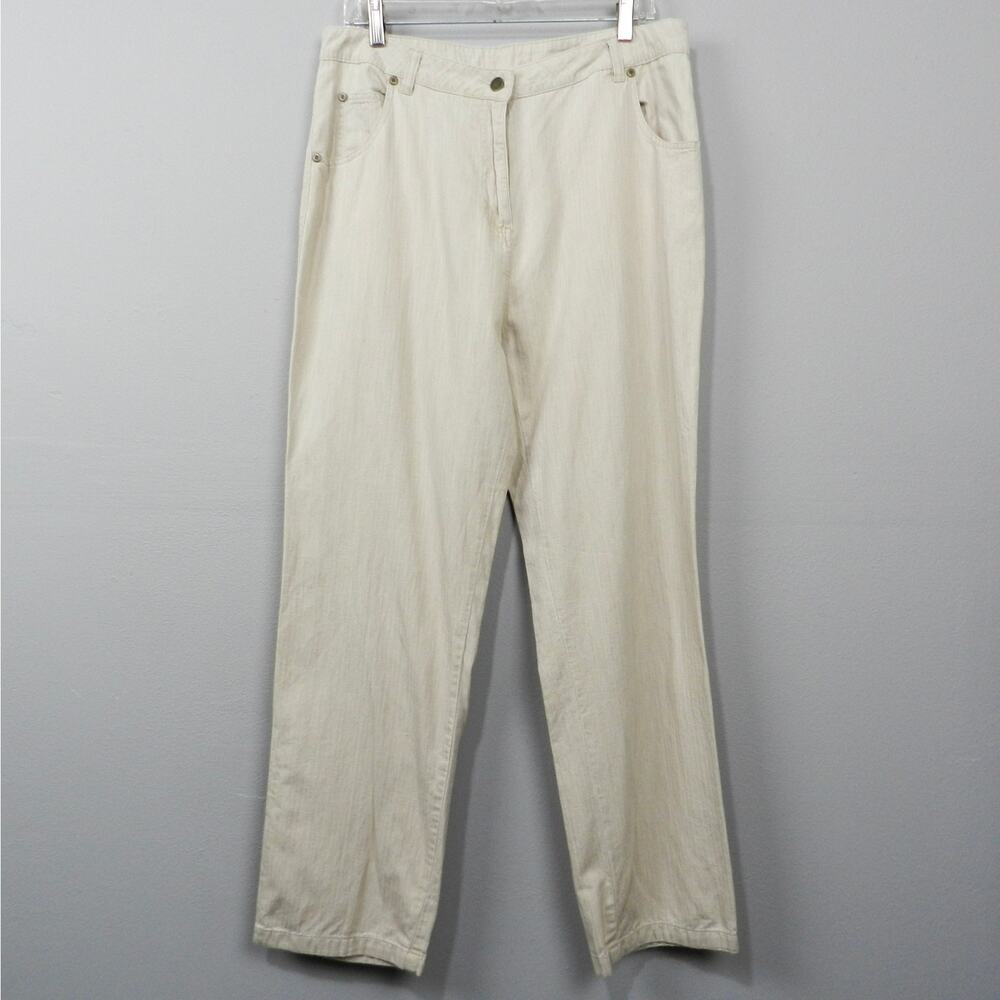 Woolrich Hemp Cotton Straight Leg Pants Size 14 Tonal Stripe Beige High Waist